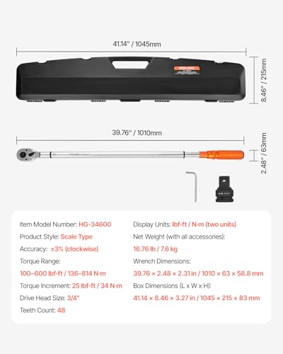 VEVOR 3/4 Inch Drive Click Torque Wrench 100-600 Ft-Lb / 136-814Nm - size: 3/4" 2 PCS