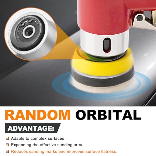 SI FANG 48Pcs 1'' 2'' 3'' Mini Air Sander Kit, High Speed Random Orbital DA Sander Polisher for Auto Body Work, Includes 1/2/3in Polishing Sponge & Wool Pads Sandpapers (Red Pneumatic Sander) - style: 1"2"3" Buffer&Sander Kit Red