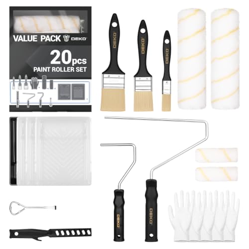 DEKOPRO Paint Roller Kit, 20-Piece Paint Roller Set with Microfiber Sleeves & Frame, Tray, Flat Brush, 4" & 9" Paint Rollers for Walls, Cabinets, Interior, Exterior, House Painting Supplies