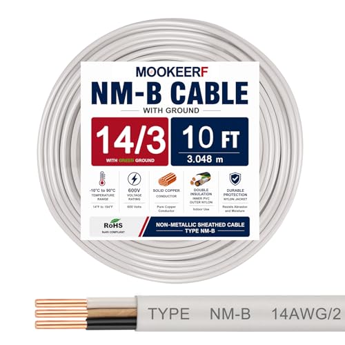 14/3 Wire with Ground - 10FT 14 Gauge NM-B Non-Metallic Sheathed Cable 100% Pure Copper 14 AWG 3 Conductor Residential Indoor Wire for Outlets, Switches, Other Loads and Lighting Wiring Projects etc. - size: 10FT, style: 14AWG/3