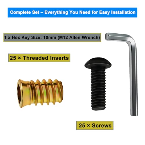 Furniture Fastener Kit – 25 Inserts (3/8"-16 x 25 mm) + 25 Bolts (1") with 10 mm Hex Wrench, Heavy Duty for Wood Repair & Assembly - size: 3/8"-16 × 25 mm(Inserts) + 3/8"-16 × 1"(Bolts)