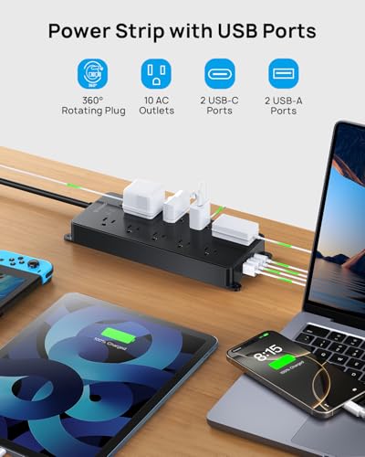 TROND Surge Protector Power Strip with 360° Rotating Flat Plug, 4000J - color: Black, size: 5FT (Rotating Plug)