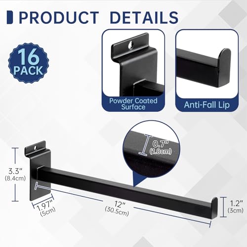 16 Pack Heavy Duty Tube Slatwall Shelf Brackets, Metal Tubular Slat Wall Brackets with Lip, Slatwall Accessories for Garage, Retail, and Home Storage - size: 12 Inch, style: Black