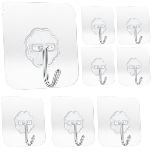 Transparent Adhesive Hooks 30 lb(Max), Waterproof and Oilproof Reusable Seamless Hooks, Heavy Duty Wall Hook for Kitchen Bathroom Office (8 Pack) Transparen