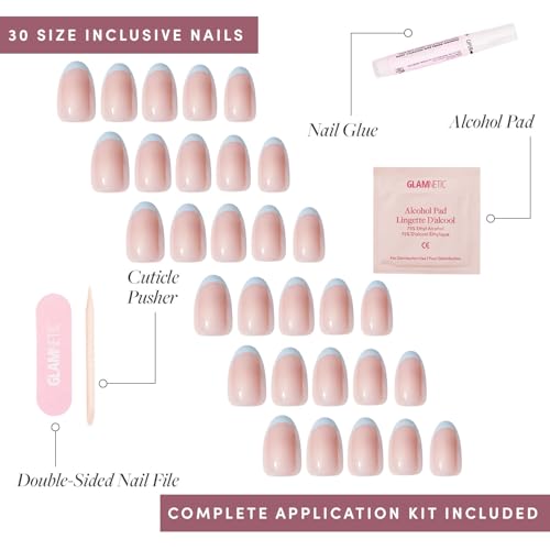Glamnetic Press On Nails - Short Oval, Glazed Fake Nails 30 Pc Full Kit - color: 2O - Into Blue