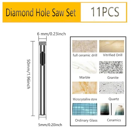 1/4" Diamond Hole Saw Set, Diamond Drill Bits Set for Ceramic | Glass Drill Bits for Tiles, Bottles, Pots, Marble, Stone 11PCS - size: 1/4 in