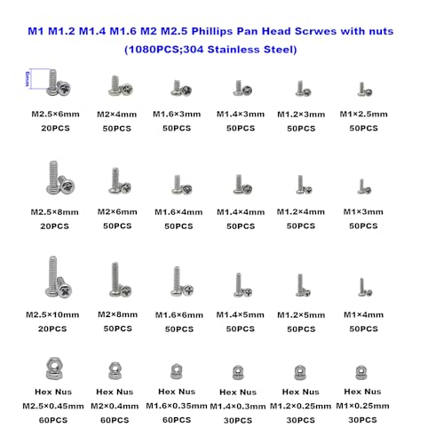 1080PCS M1-M2.5 304 SS Phillips Pan Head Tiny Machine Screws Nuts Kit | M1 M1.2 M1.4 M1.6 M2 M2.5 Stainless Steel Cross Drive Micro Screws Nuts for Precision Electronics, Instruments, DIY w/ Box - size: M1/M1.2/M1.4/M1.6/M2/M2.5