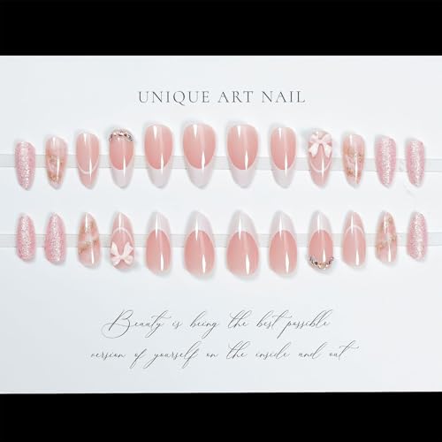 French Tip Almond Press on Nails Medium Pink Fake Nails 3D Bow Diamond Glitter Designs,Cute Reusable Artificial Nail Full Cover Stick on Nails for Women Manicure 24Pcs - color: 3d bow french pink glitter