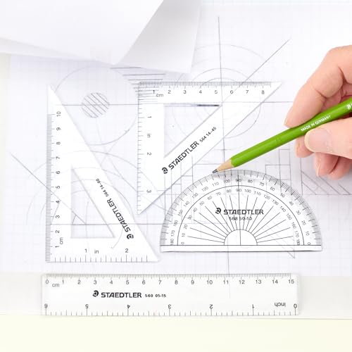 STAEDTLER Math Set - 4 pc Geometry Kit for Students - School Supplies with Clear Protractor, 6in Ruler & 2 Triangles – Metric & Imperial Scales (Pack of 3) - size: 4 Piece Set (Pack of 3)