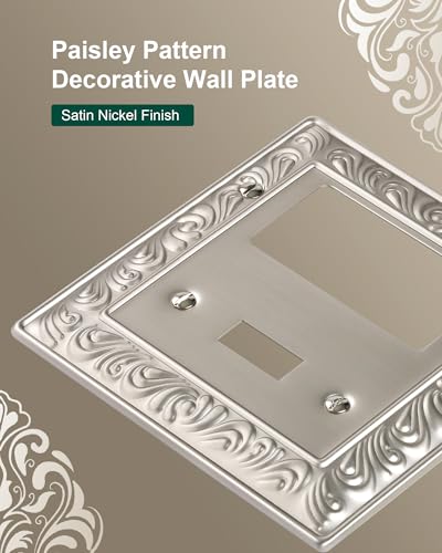 2-Pack Paisley Pattern Combo Toggle/Decorator Light Switch Cover Plate | Decorative Wall Outlet Cover Plate, Electrical Outlet Covers, Metal Wall Switch Plates and Outlet Covers, Satin Nickel - color: Satin Nickel, size: 1 Toggle/1 Decorator 2PK
