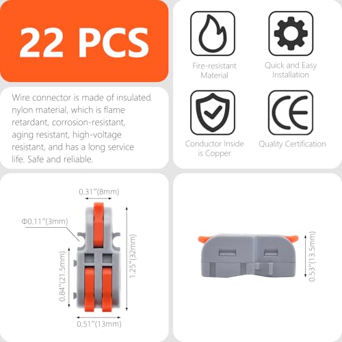 20Pcs Lever Wire Connectors, 1 in 2 Out DIY Mini Splicing Compact Splitter Docking Terminal Block Electrical Connectors, 24-12 AWG