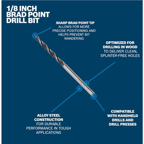 BOSCH BP14601 1/8 in. Brad Point Bit - Precise Starts, Clean Holes, Accurate Wood Drilling, Handheld Drill/Drill Press Compatible - size: 1/8" DIAMETER