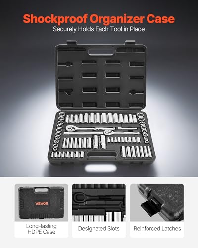 VEVOR Socket Set, 69 Pieces, 3/8 & 1/4 inch Drive Socket and Ratchet Set, SAE and Metric, Deep and Standard, Mechanic Tool Kit with Accessories and Storage Case, CR-V Alloy Steel, for Auto Repair - size: 69-PCS, style: 69 PCS