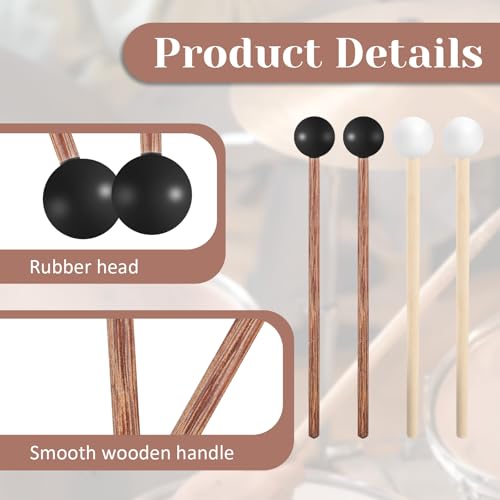 4 Pcs Steel Tongue Drum Mallets, Xylophone Mallet, Glockenspiel Mallets, 5.6 in Rubber Percussion Mallet, Rubber Drumsticks, Wooden Percussion Sticks, Black & White