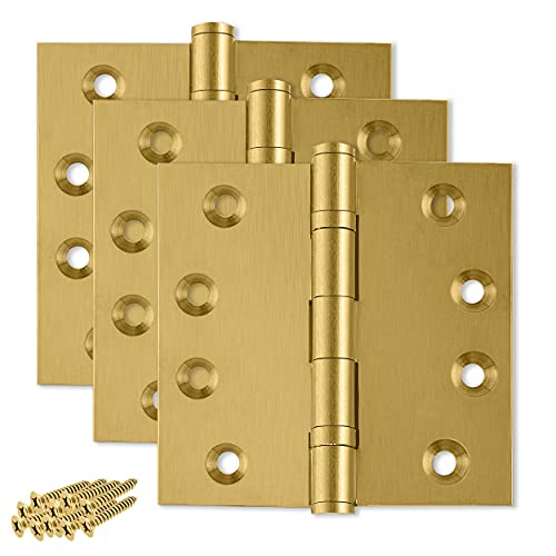 Heavy Duty Door Hinge Matte Brass Ball Bearing 4x4 Inch Heavy Duty - Set of 3 Solid Brass Hinges (Satin Brass) - color: Satin Brass