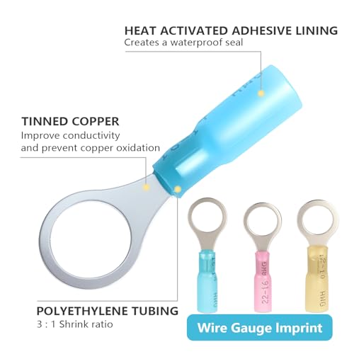 Heat Shrink Ring Terminals Wire Connectors #10 1/4" 5/16" 3/8" Ring Terminal Kit 12-10 16-14 22-16 Gauge Insulated Crimp Electrical Connector Set (Pack of 120Pcs)