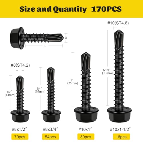 170Pcs #8#10 Black Self Tapping Screws for Metal, #8x1/2'' 3/4'',#10x1'' 1-1/2'' Hex Washer Head Self Drilling Screws Assortment Kit, 410 Stainless Steel Sheet Metal Screw - size: 170pcs #8#10 Black