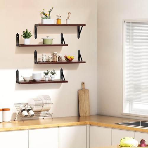 ROMGUAR CRAFT Wood Wall Floating Shelves Set of 4, 17" x 6" - Brown - color: Brown, size: 17" x 6"