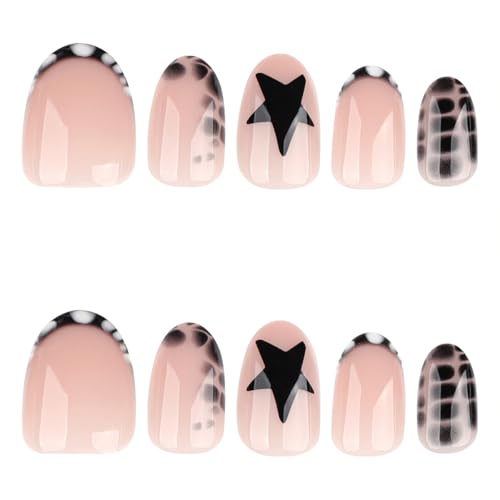 Short Almond Press On Nails Black with Y2K Star Crocodile Print - color: Style22