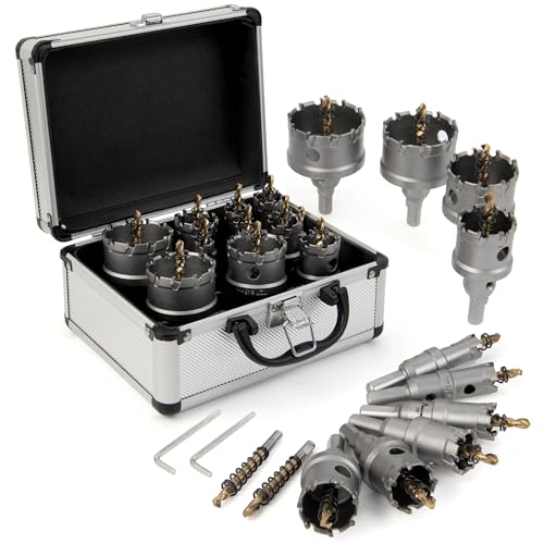 MAZING 16PCS TCT Hole Saw Kit for Hard Metal, 5/8"-2-1/8" Carbide Tungsten Carbide Tipped Hole Saw Set, Heavy Duty Hole Cutter Set for Cutting Stainless Steel, Iron, Copper, Aluminum, Sheet Metal