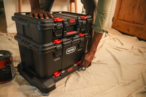 Keter Stack-n-Roll 3-Piece Rolling Tool Storage System – Includes Dolly, Tool Box & Deep Power Tool Case | Modular Mobile Tool Organizer | Stackable Design for Garage, Jobsite & Workshop - color: Black/Red, size: 3PC with Dolly