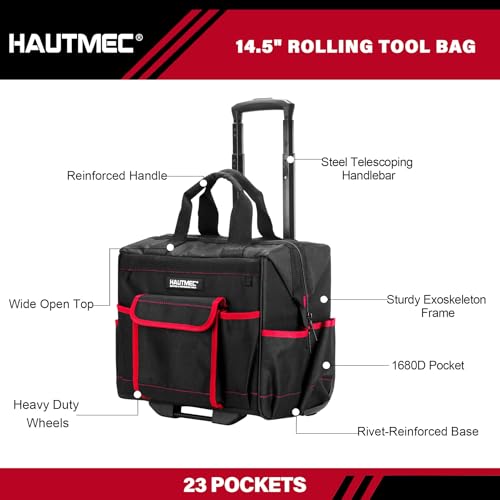 HAUTMEC 2-Piece Rolling Tool Bag Set, 15" Wheeled Tool Bag & Wide Mouth Tool Tote, Heavy-Duty Tool Storage Organizer with Durable Off-Road Wheel, Steel Telescoping Handle & Shoulder Strap – HT0288 - style: 2-Pcs Set | Black