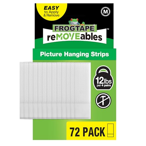 FrogTape reMOVEables Medium Picture Hanging Strips, 72 Pairs- 12lbs per 4 Pairs, Damage-Free Removeable Adhesive Wall Strips Picture Hangers for Mounting Frames, Canvas, Home Décor White (144 Pieces) - size: 72 Pairs, style: Medium