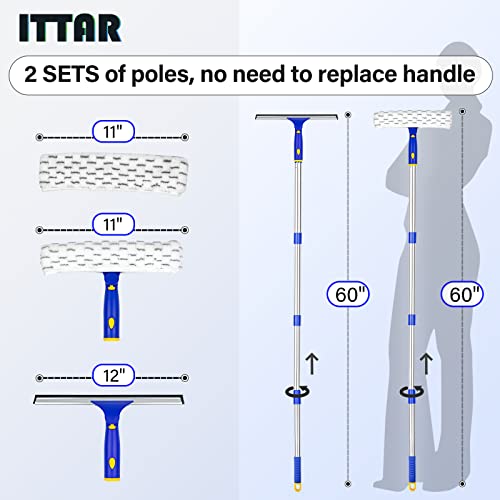 ITTAR Window Squeegee with 2 Sets Separate Pole, 12" Rubber Squeegee and 11" Microfiber Pads, 60"-73.6" Telescopic Window Cleaning Kit with Rotating Head for High Windows, Shower Glass, Car Windshield - color: White&blue