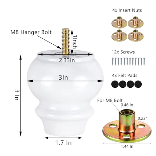 Maricome 3 Inch White Furniture Feet Set of 4 Wood Bun Feet - color: 3 Inch White