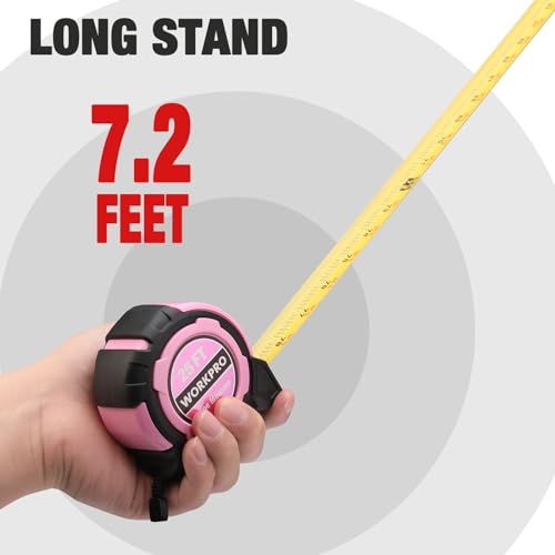 WORKPRO 25FT Pink Tape Measure, 1/8 Fractions Easy Read Measuring Tape - color: Pink, size: 25FT