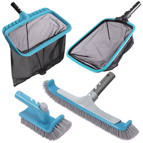 Sepetrel 4-Piece Pool Cleaning Kit, 17.5" Curved Wall Brush, Rotatable Hand Scrubber, Deep Bag Leaf Rake and Flat Skimmer Net (Pole Not Included) for Above Ground and Inground Pools - size: Plastic Frame Rake(No Pole)