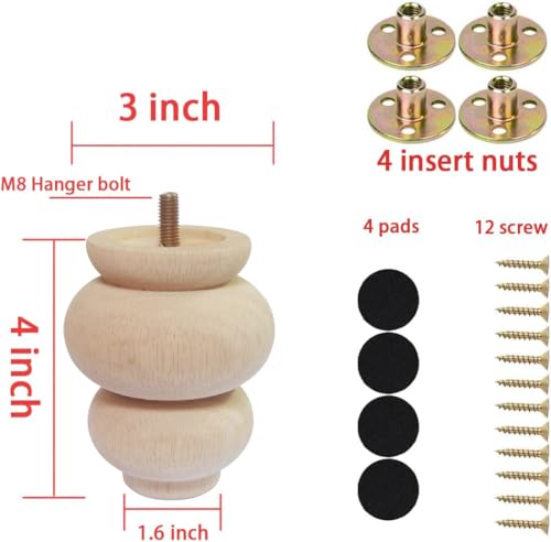 4 Inch Wooden Furniture Legs, Solid Wood Unpainted Replacement Furniture Legs, Ottoman/Loveseat Replacement Legs, Cabinet Legs/Desk/Sofa/Bookcase Round Bun Feet Set of 4 (4 Inch A) - size: 4 Inch A
