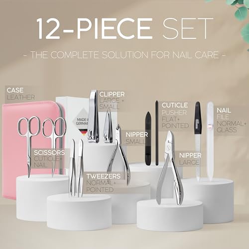 Manicure Set Women and Men – 12-Piece Professional Grooming Kit with Premium Tools, Genuine Leather Case, and Exclusive Glass Nail File for Hand & Foot Care, German Quality - color: Pink