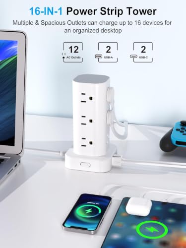 10FT Power Strip Tower Surge Protector, 12 Wide Spaced Outlets, 4 USB - color: White, size: 10FT without Wireless Charging
