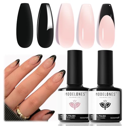 modelones French Tip Gel Nail Polish Set 2 Pcs 15ml Black and Milky Pink - color: A1-French Muse