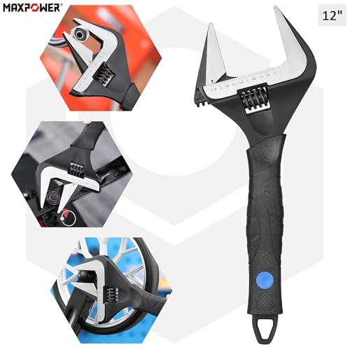 MAXPOWER 12-inch Wide Jaw Adjustable Wrench, 2.4" Jaw Opening, Cr-V Steel - size: 12-inch