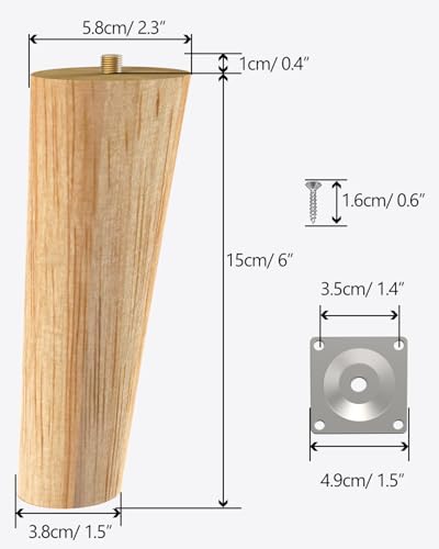 Wood Furniture Legs, 6 inch Solid Wood Sofa Legs Pack of 4 Round Couch Legs Replacement Legs for Sofa Dresser Coffee Table Cabinet Bed Home DIY (6"/15cm Slant) - size: 6"x2.3"