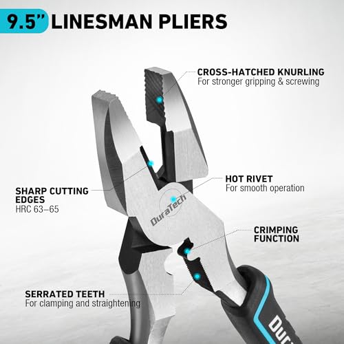 DURATECH 9.5 INCH High Leverage Linemans Pliers, Heavy Duty Side Cutters, Linesman Pliers for Wire Cutting, Crimping (Pack of 2) - size: 9.5 inch (Pack of 2)