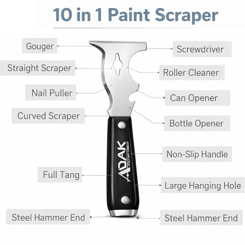 Adak 10-in-1 Paint Scraper and Painter’s Tool – Multi-Purpose Painter’s Knife, Putty & Spackle Scraper for Wood, Metal & Wall Repairs – Ideal for Painting, Cleaning & Finishing Jobs