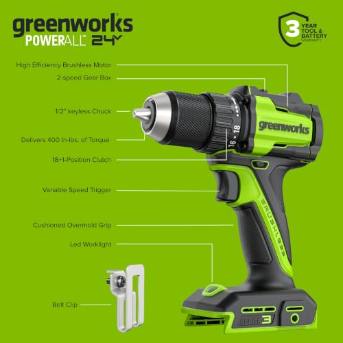 GREENWORKS 24V 1/2" Brushless Cordless Drill (400 In-lbs.), 2.0Ah (12,000mAh Power Bank) USB-C Batteries, 3.3 FT Braided Cable, 30W Charger - size: 400 in-lbs Drill Driver