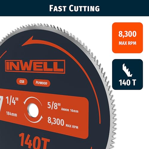7-1/4-Inch 140 Tooth Plywood, Softwood, OSB Cutting Circular Saw Blade with 5/8"-1/2" Bushing - 3 Pack - size: 7-1/4" 140T