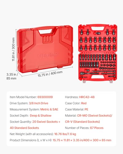 VEVOR Impact Socket Set 3/8" Drive, 67 PCS, CR-MO Swivel Sockets, SAE 5/16"-3/4" & Metric 8-19mm, 6 Point Shallow & Deep, Ratchet Handle, Extension Bars, Adapters, Universal Joint - size: 3/8" 67 PCS CR-MO