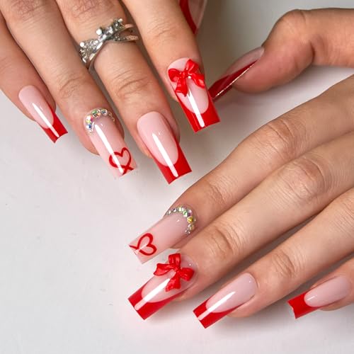 CurvLife Long Square Press On Nails, Ruby Valentine Red, Soft Gel - color: Ruby Gift