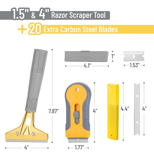 Bates- Razor Blade Scraper Set, 2 Pack, 1.5" & 4" Razor Scraper Tool with 20 Extra Carbon Steel Blades, Window Scraper Blades, Glass Scraper for Windows, Paint Scraper Blade Scraper for Cleaning