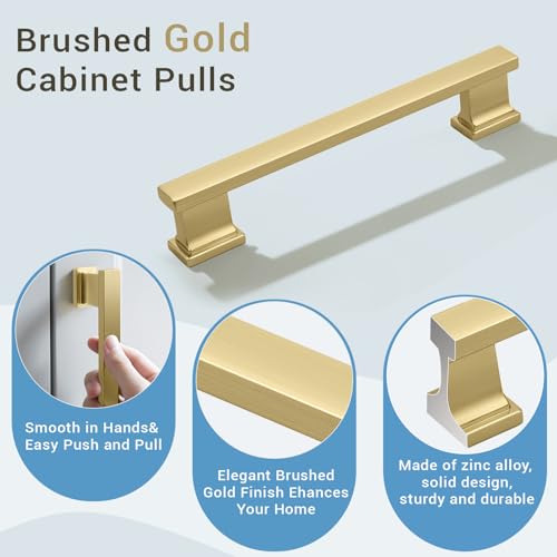 KNOBWELL 6 Pack Brushed Gold Solid Cabinet Pulls 5 Inch(128mm) Hole Center Kitchen Cabinet Handles,Cabinet Hardware for Cupboard Drawer Pulls - color: Brushed Gold, size: Hole Center：5 inch（128mm）