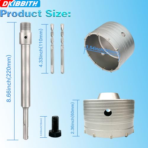 3-1/2" Concrete Hole Saw, 90mm Tungsten Steel Core Bit for Cinder Block, Brick, Rock, Plank Walls for Pipes or mini Split Lines, with SDS Plus Shank and 2 Center Positioning Drill Bits. - size: 3-1/2"