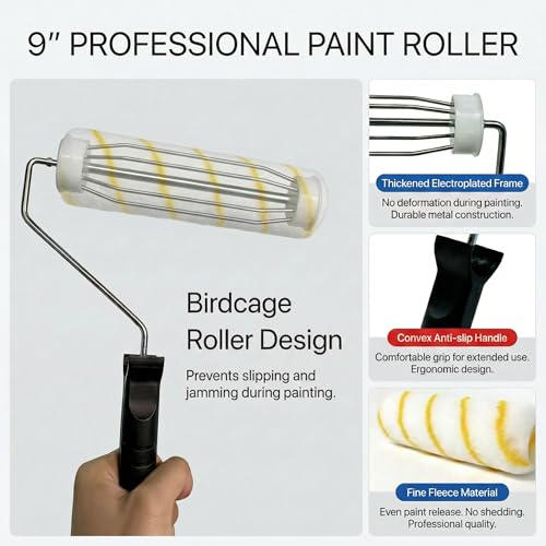 Paint Roller Kit 9 Piece, Paint Rollers, Brushes & Paint Tray, House Painting Supplies, High Absorbency, Washable, Reusable & Easy to Clean