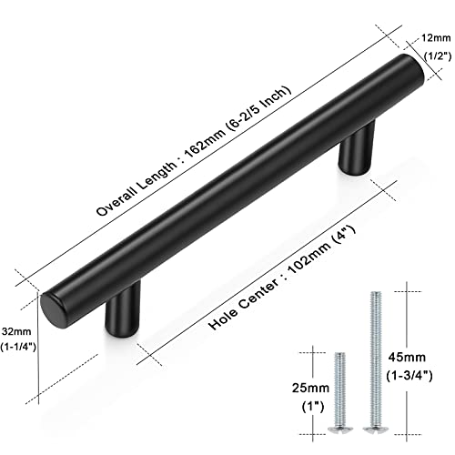 Probrico 30 Pack| 6-2/5 Inch Black Cabinet Handles with 4 Inch Hole Center Stainless Steel Cabinet Pulls Round T Bar Kitchen Cabinet Hardware Door Handles, Drawer Dresser Pulls，102mm Hole Centers - color: Black, size: hole center 4"