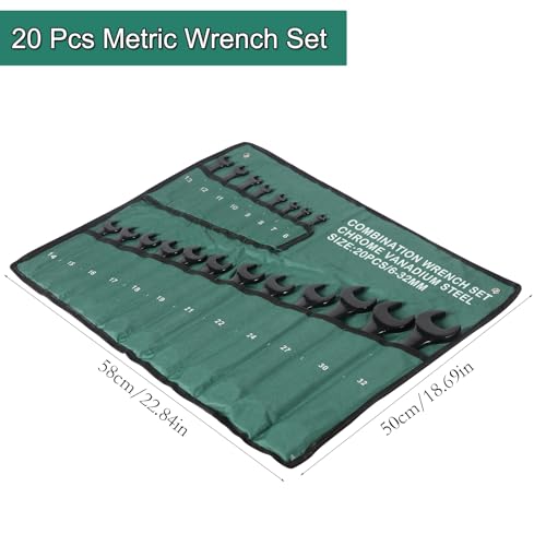 20-Piece Metric Combination Wrench Set in Roll-up Pouch, Metric 6-32mm, Spanner Wrench Set | 12 Point | Chrome Vanadium Steel | Fully Polished (Black)
