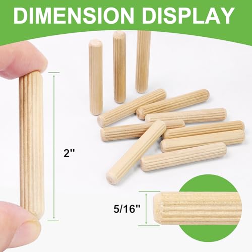 5/16" x 2" Wooden Dowel Pins, FoDau770 Fluted Wood Dowel Rods, Natural Beech Wood Dowel Pegs for Crafts, Woodworking, DIY Furniture - 200 Pieces - size: 5/16" x 2"